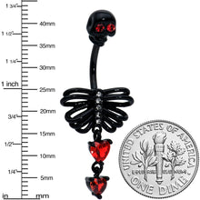 将图片加载到图库查看器,Red CZ Gem Black Skeleton Hearts Gothic Dangle Belly Ring