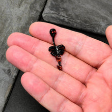 将图片加载到图库查看器,Red CZ Gem Black Skeleton Hearts Gothic Dangle Belly Ring
