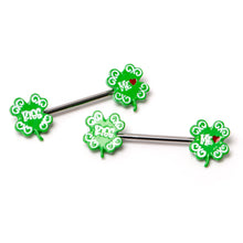 Load image into Gallery viewer, 14G 9/16 Kiss Me Shamrock St Patricks Barbell Nipple Ring Set