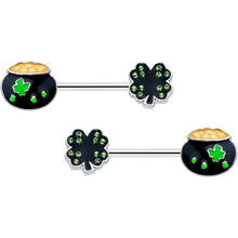 Load image into Gallery viewer, 14G 9/16 Green Gem Shamrock Pot of Gold Barbell Nipple Ring Set
