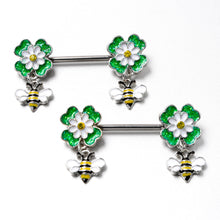 Load image into Gallery viewer, 14G 9/16 Yellow Gem Daisy Bee Glittery Barbell Nipple Ring Set