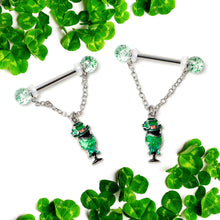Load image into Gallery viewer, 14G 9/16 Fancy Leprechaun St Patricks Chain Dangle Nipple Ring Set