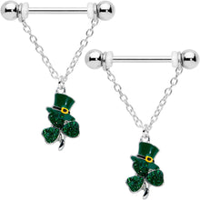 将图片加载到图库查看器,14G 9/16 Green Gem Top Hat Shamrock Chain Dangle Nipple Ring Set