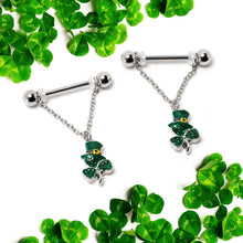 将图片加载到图库查看器,14G 9/16 Green Gem Top Hat Shamrock Chain Dangle Nipple Ring Set