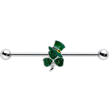 Load image into Gallery viewer, 14G Green Gem Top Hat Shamrock St Patricks Industrial Barbell 38mm