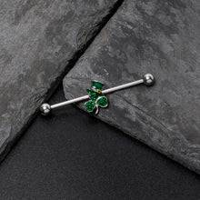Load image into Gallery viewer, 14G Green Gem Top Hat Shamrock St Patricks Industrial Barbell 38mm