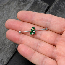 Load image into Gallery viewer, 14G Green Gem Top Hat Shamrock St Patricks Industrial Barbell 38mm