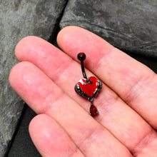 将图片加载到图库查看器,Red CZ Gem Black Double Skull Heart Dangle Belly Ring