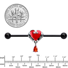 Load image into Gallery viewer, 14G Red CZ Gem Black Duo Skull Heart Dangle Industrial Barbell 38mm