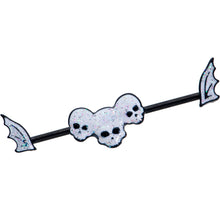 Load image into Gallery viewer, 14G Black Winged Skull Glitter Trio Industrial Barbell 38mm