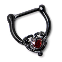 Load image into Gallery viewer, 16G 5/16 Red CZ Gem Black Passion Heart Cartilage Clicker