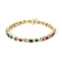 Load image into Gallery viewer, 14K Yellow Gold Multi-Gemstone and Diamond Halo Rainbow Tennis Bracelet