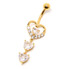 Load image into Gallery viewer, Clear CZ Gem Gold Tone Opulent Heart Quartet Dangle Belly Ring