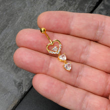 Load image into Gallery viewer, Clear CZ Gem Gold Tone Opulent Heart Quartet Dangle Belly Ring