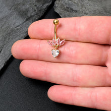 Load image into Gallery viewer, Clear Pink CZ Gem Gold Tone Crown And Heart Dangle Belly Ring