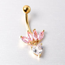 Load image into Gallery viewer, Clear Pink CZ Gem Gold Tone Crown And Heart Dangle Belly Ring