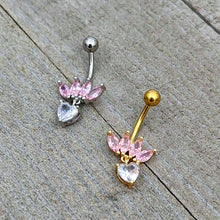 Load image into Gallery viewer, Clear Pink CZ Gem Gold Tone Crown And Heart Dangle Belly Ring