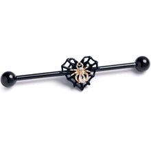 Load image into Gallery viewer, 14G Clear Gem Black Golden Spider Web Heart Industrial Barbell 38mm