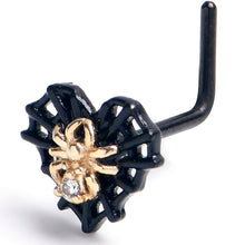 Load image into Gallery viewer, 20G 7mm Clear Gem Black Golden Spider Web Heart L Shape Nose Ring