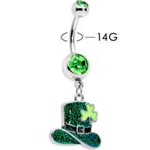 Load image into Gallery viewer, Green Gem Glitter Top Hat Shamrock St Patricks Day Dangle Belly Ring