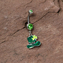 Load image into Gallery viewer, Green Gem Glitter Top Hat Shamrock St Patricks Day Dangle Belly Ring
