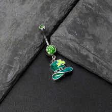 Load image into Gallery viewer, Green Gem Glitter Top Hat Shamrock St Patricks Day Dangle Belly Ring