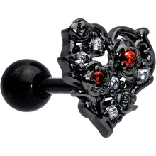 Load image into Gallery viewer, 16G 1/4 Clear Red CZ Gem Black Floral Heart Cartilage Earring