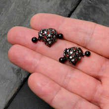 Load image into Gallery viewer, 14G 9/16 Red Clear CZ Gem Black Floral Heart Nipple Shield Set