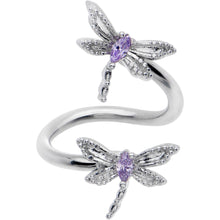 Load image into Gallery viewer, Purple CZ Gem Open Dragonfly Spiral Twister Belly Ring