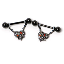 Load image into Gallery viewer, 14G 9/16 Red CZ Gem Black Floral Heart Chain Dangle Nipple Ring Set