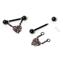 Load image into Gallery viewer, 14G 9/16 Red CZ Gem Black Floral Heart Chain Dangle Nipple Ring Set