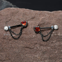 Load image into Gallery viewer, 14G 9/16 Red CZ Gem Black Heart Hand Chain Dangle Nipple Ring Set
