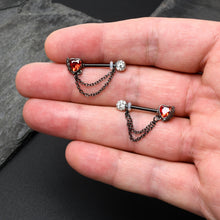 Load image into Gallery viewer, 14G 9/16 Red CZ Gem Black Heart Hand Chain Dangle Nipple Ring Set