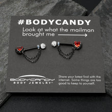 Load image into Gallery viewer, 14G 9/16 Red CZ Gem Black Heart Hand Chain Dangle Nipple Ring Set