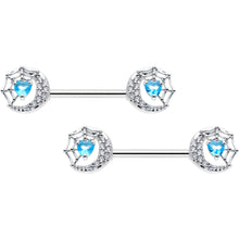 Load image into Gallery viewer, 14G 9/16 Blue CZ Gem Heart Web Moon Barbell Nipple Ring Set