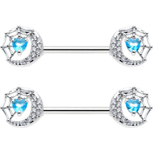 Load image into Gallery viewer, 14G 9/16 Blue CZ Gem Heart Web Moon Barbell Nipple Ring Set