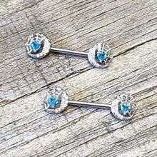 Load image into Gallery viewer, 14G 9/16 Blue CZ Gem Heart Web Moon Barbell Nipple Ring Set