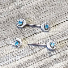 Load image into Gallery viewer, 14G 9/16 Blue CZ Gem Heart Web Moon Barbell Nipple Ring Set
