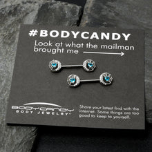 Load image into Gallery viewer, 14G 9/16 Blue CZ Gem Heart Web Moon Barbell Nipple Ring Set