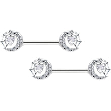Load image into Gallery viewer, 14G 9/16 Clear CZ Gem Heart Web Moon Barbell Nipple Ring Set