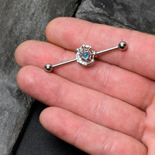 Load image into Gallery viewer, 14G Blue CZ Gem Heart Web Moon Industrial Barbell 38mm
