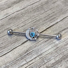 Load image into Gallery viewer, 14G Blue CZ Gem Heart Web Moon Industrial Barbell 38mm