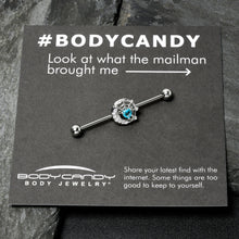 Load image into Gallery viewer, 14G Blue CZ Gem Heart Web Moon Industrial Barbell 38mm