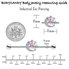 Load image into Gallery viewer, 14G Pink CZ Gem Heart Web Moon Industrial Barbell 38mm