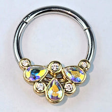 Load image into Gallery viewer, 16G 3/8 Aurora Gem Golden Crown Deluxe Hinged Segment Ring