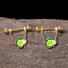 Load image into Gallery viewer, 14G 9/16 Clear Gem Gold Hue Lucky Shamrock Dangle Nipple Ring Set