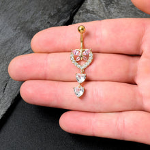 Load image into Gallery viewer, Clear Pink CZ Gem Gold Tone Heart Butterfly Double Dangle Belly Ring
