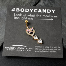 Load image into Gallery viewer, Clear Pink CZ Gem Gold Tone Heart Butterfly Double Dangle Belly Ring