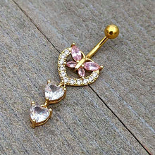 Load image into Gallery viewer, Clear Pink CZ Gem Gold Tone Heart Butterfly Double Dangle Belly Ring