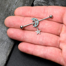 Load image into Gallery viewer, 14G Blue CZ Gem Moon Dangle Star Industrial Barbell 38mm